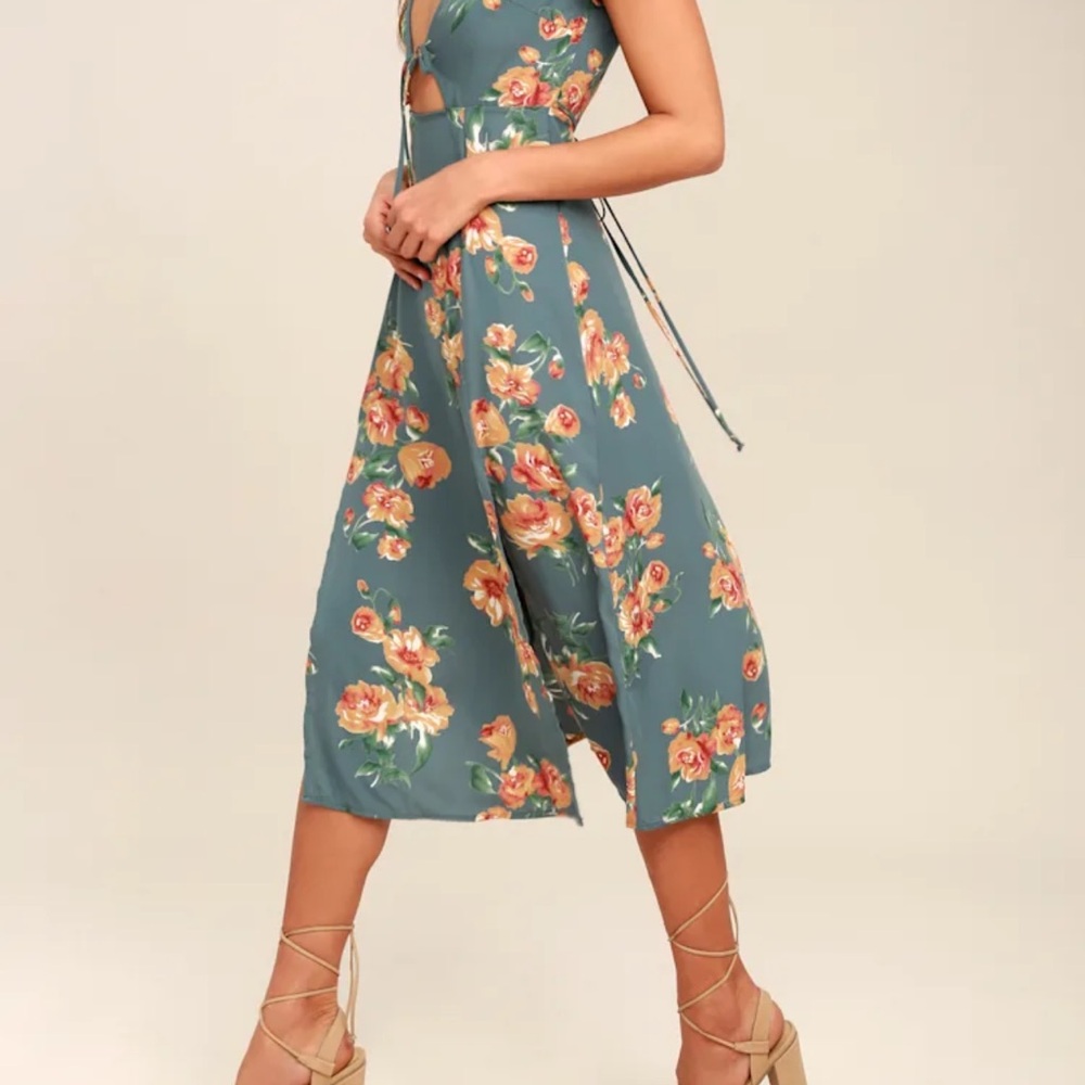 Lulu's Floral Midi Dress in Gray and Orange - Picture 2 of 7